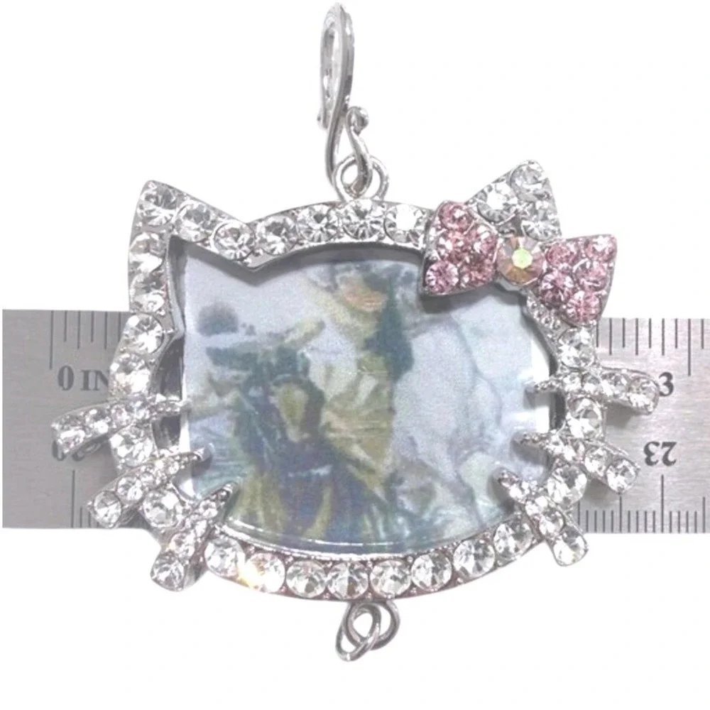 Hello‎ Kitty Pendant Photo Frame Charm Rhinestone Bow Pink Silver